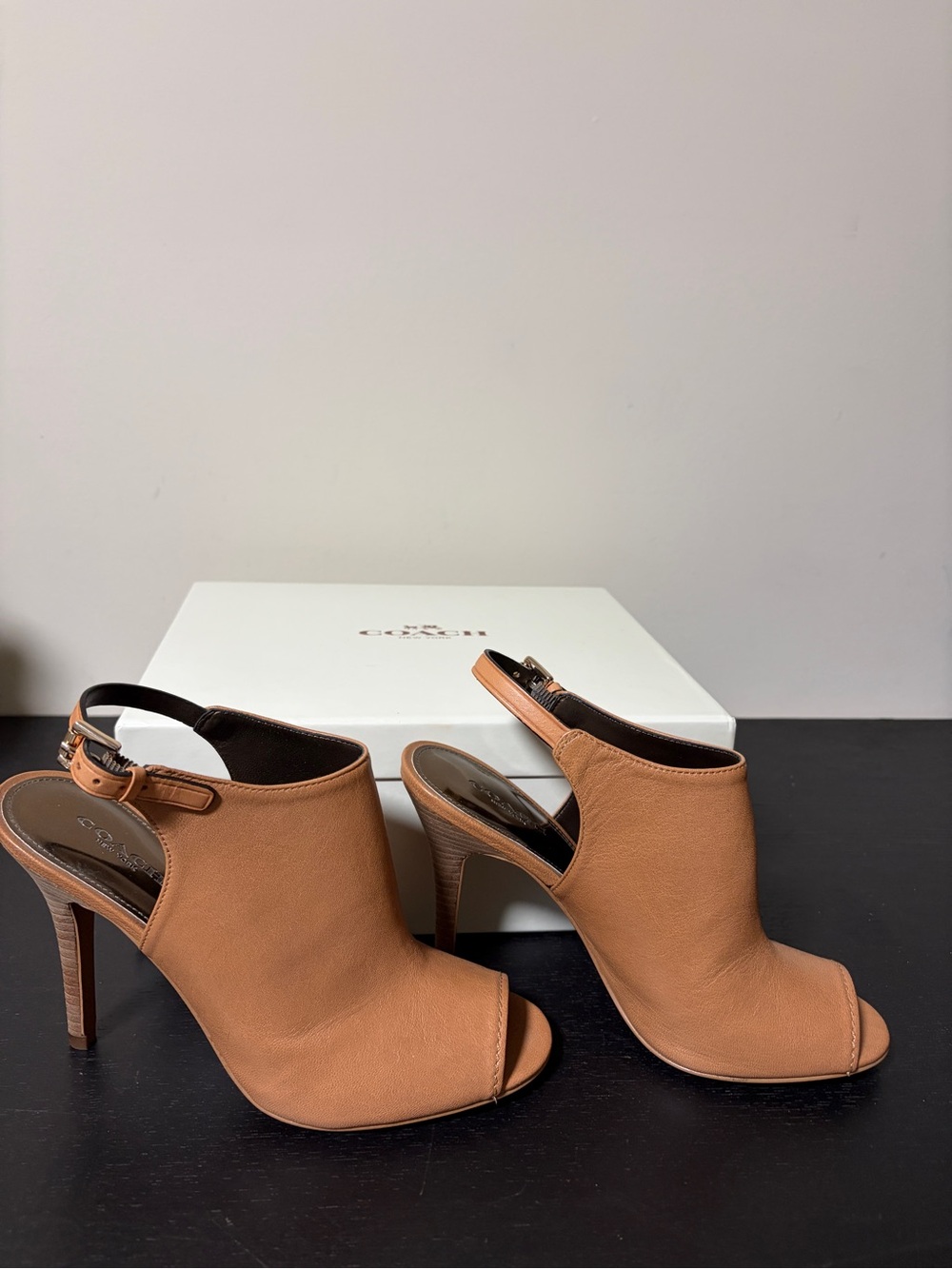 Coach Tan Leather Peep-Toe Slingback Heels